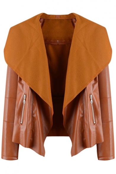 Women's Trendy Lapel Open-Front Long Sleeve PU Jacket Coat