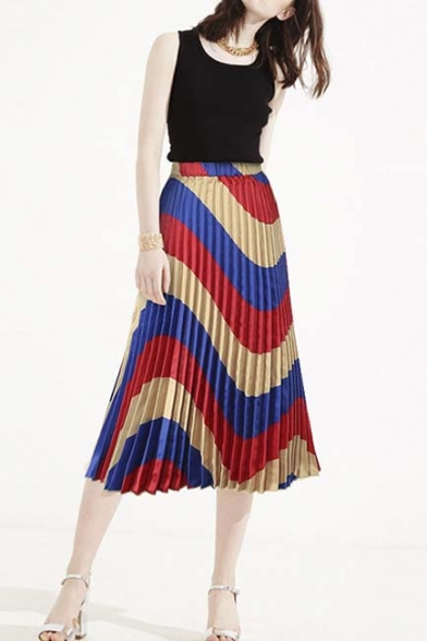 Color Block Wave Print Elastic Waist Midi Pleated Skirt