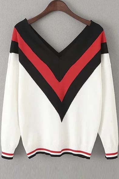 New Stylish V-Neck Contrast Striped Trim Batwing Sleeve Sweater