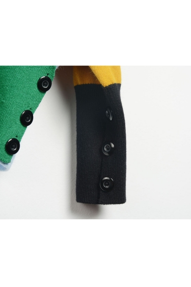 Fashion Color Block V-neck Long Sleeve Cardigan