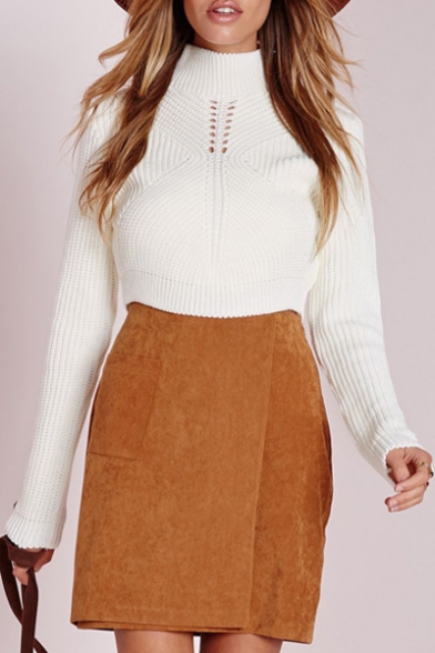 New Arrival Fashion High Neck Hollow Detail Long Sleeve Cropped Sweater