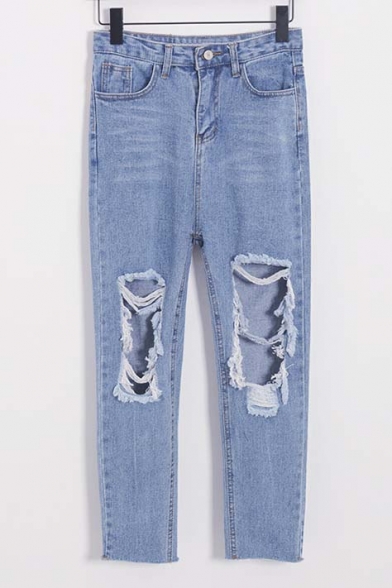 New Arrival Stylish Open Knee High Waist Blue Jeans