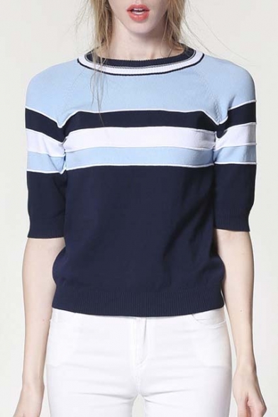 New Stylish Half Sleeve Striped Color Block Pullover Sweater