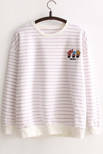 New Stylish Striped Embroidery Cactus Round Neck Long Sleeve Pullover Sweatshirt