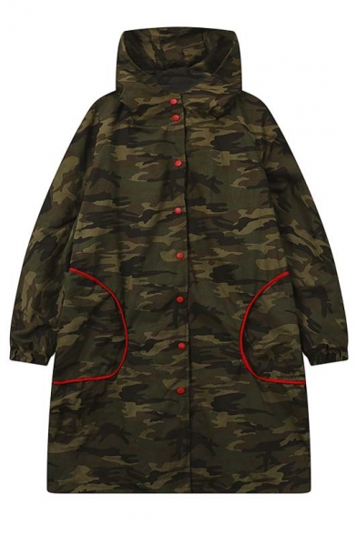Oversized Hooded Single Breasted Elastic Cuffs Long Sleeve Camouflage Coat with Two Contrast Pockets