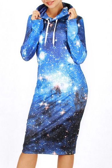Stylish Galaxy Digital Print Long Sleeve Midi Sweatshirt Dress