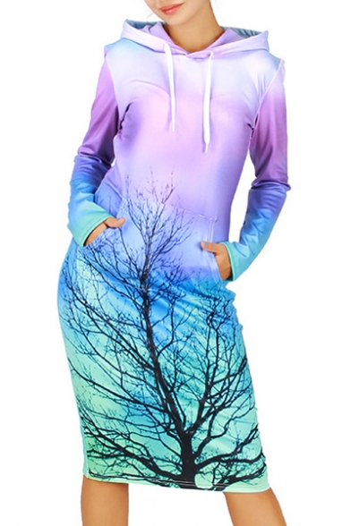 Stylish Tree Print Gradient Hooded Sweatshirt Dress with Front Pocket