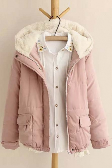 Trendy Fur Hooded Zipper Placket Long Sleeve Lace Hem Coat with Two Pockets