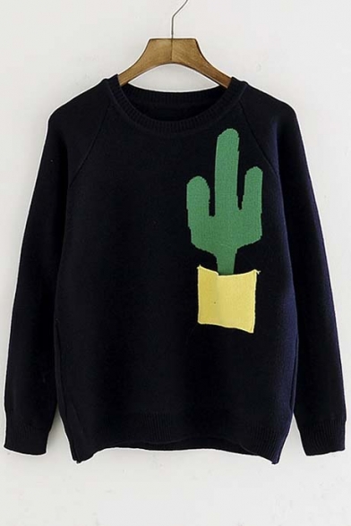 Fashion Color Block Cactus Pocket Round Neck Long Sleeve Sweater