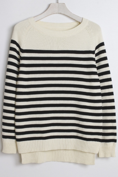 New Striped Round Neck High and Low Hem Long Sleeve Sweater