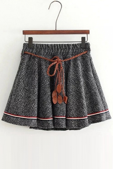 Retro Style Elastic Mid Waist Mini A-line Skirt with Belt