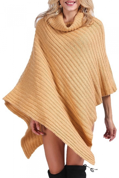 Women's Chic Turtleneck Knitted Poncho Pullovers Sweater