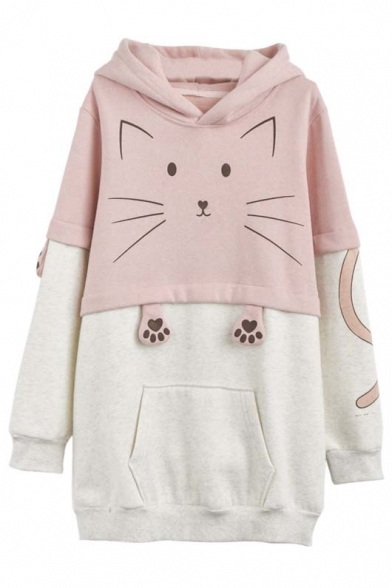 Cute Cat Pattern Color Block Hoodie with Front Pocket