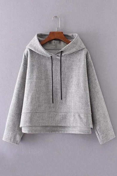Fall Winter Hooded Plain Dropped Long Sleeve High and Low Trim Hoodie