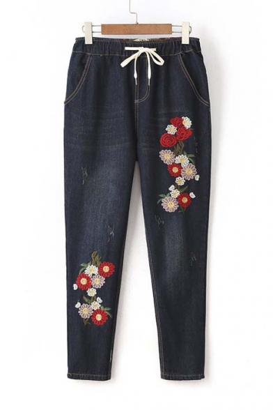 New Casual Drawstring Mid Waist Embroidery Floral Pattern Jeans