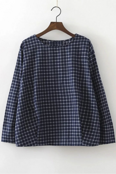 Round Neck Buttons Shoulder Letter Embroidery Plaid Blouse