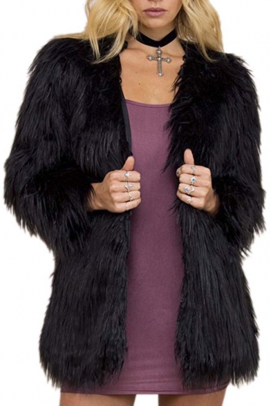Women's Long Sleeve Fluffy Faux Fur Warm Coat