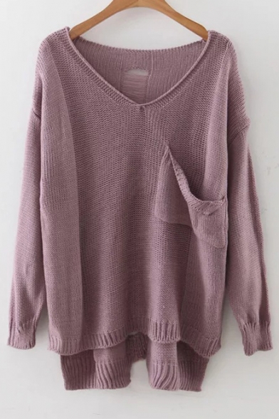 Casual V-neck Drop Sleeve Pocket Front Dip Hem Sweater with Hollow