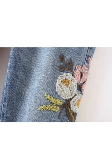 Fashion Ripped Embroidery Floral Pattern Mid Waist Jeans