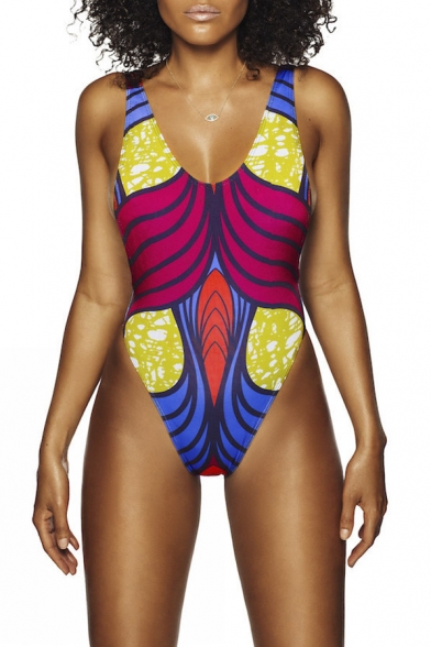 Fashion U-Back Color Block Graphic Print Sexy Beach One-Piece Swimwear