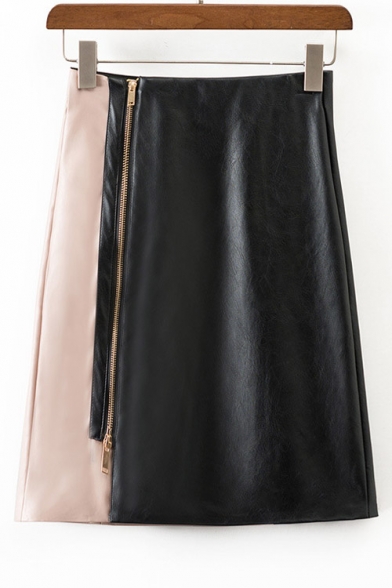 High Rise Color Block Zip Side PU Leather Mini Skirt