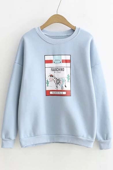 Preppy Style Graphic Print Dropped Long Sleeve Pullover Sweatshirt with Round Neck