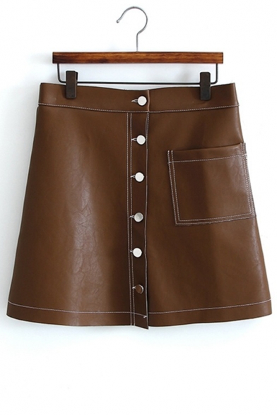 Single Breasted High Waist PU Mini A-line Skirt with One Pocket