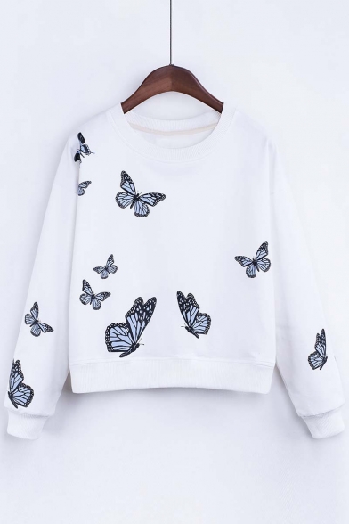 Stylish Butterfly Print Round Neck Long Sleeve Sweatshirt