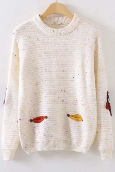 Sweaty Embroidery Owl Pattern Colorful Dots Elastic Trim Sweater with Long Sleeve