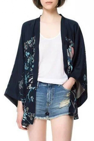 Vintage Women Girls Floral Print Loose Kimono Jacket Coat Cardigan Blouses