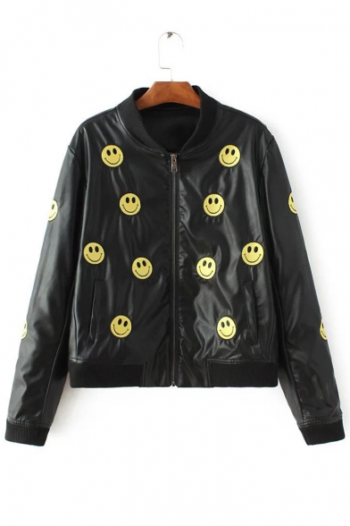 Embroidery Smile Face Zipper Placket Stand-Up Collar Leather Jacket