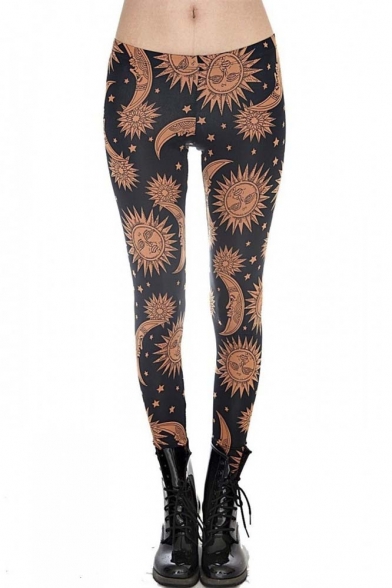 Fashion Boho Sun Moon Print High Waist Leggings