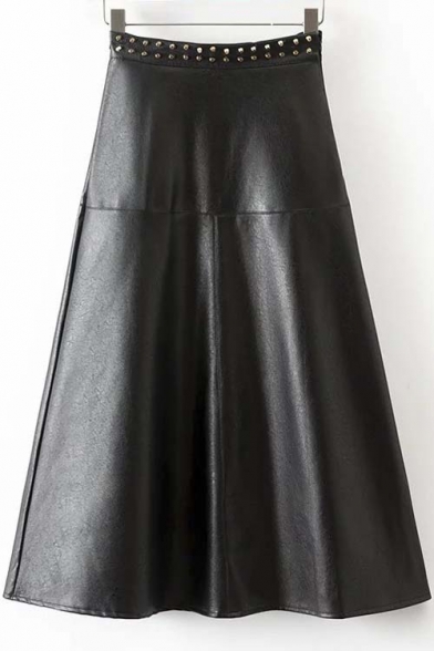 New Studded High Waist Panel PU Maxi Swing Skirt