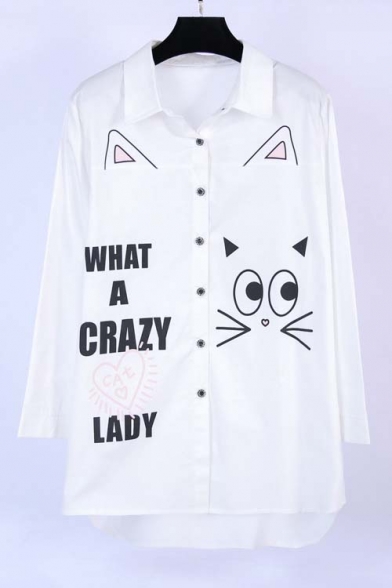 Oversized Cat Letter Print Lapel Long Sleeve High and Low Trim Button Down Shirt