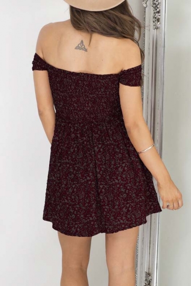 Sexy Off the Shoulder Short Sleeve Floral Print Mini A-line Dress