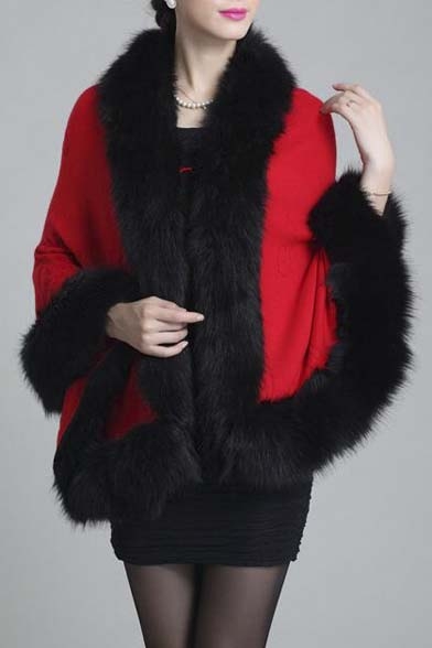 Women Faux Fur Shawl Wraps Cloak Coat Sweater Cape with Contrast Edge