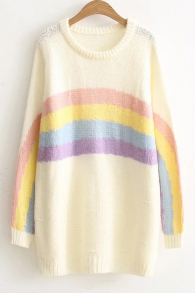 Cute Rainbow Color Block Round Neck Long Sleeve Long Sweater