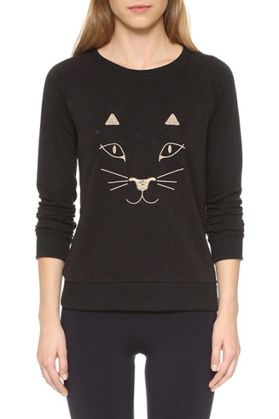 Fashion Cat Embroidery Round Neck Long Sleeve Sweatshirt