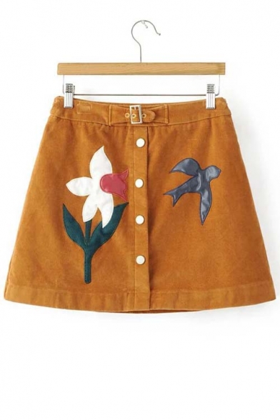 Fashion Floral Bird Embroidered A-line Corduroy Skirt