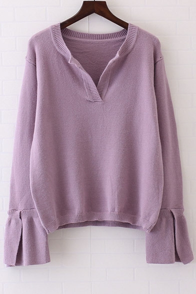 Fashion Split Bell Long Sleeve V-Neck Plain Pullover Sweater