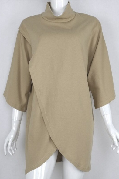 High Neck 3/4 Sleeve Ruffle Design Women's Elegant Mini Dress