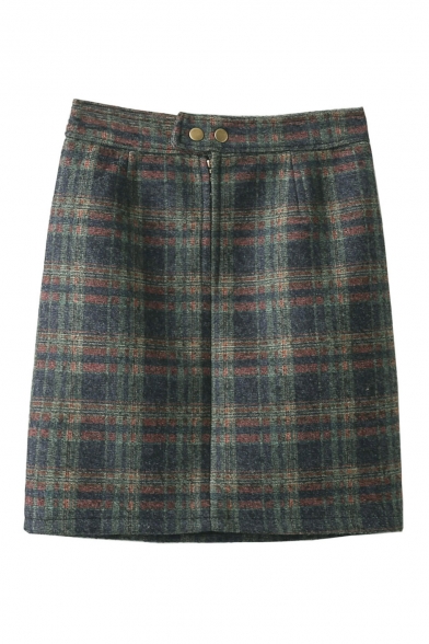 High Rise Double Buttons Woolen Plaid Mini Skirt