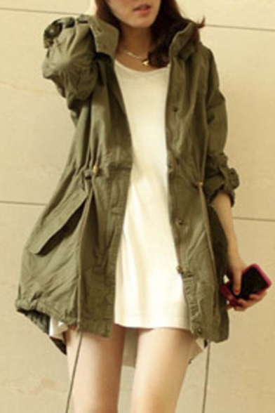 Leisure Girl Army Green Military Parka Button Trench Hooded Coat Jacket