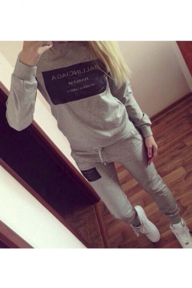 Leisure Letter Print Panel Long Sleeve Pullover Sweatshirt with Drawstring Waist Pants Sport Suits