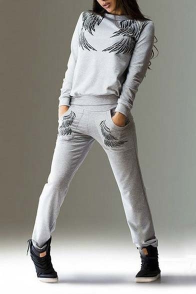 Leisure Wings Print Pullover Sweatshirt with Sport Pants Co-ords