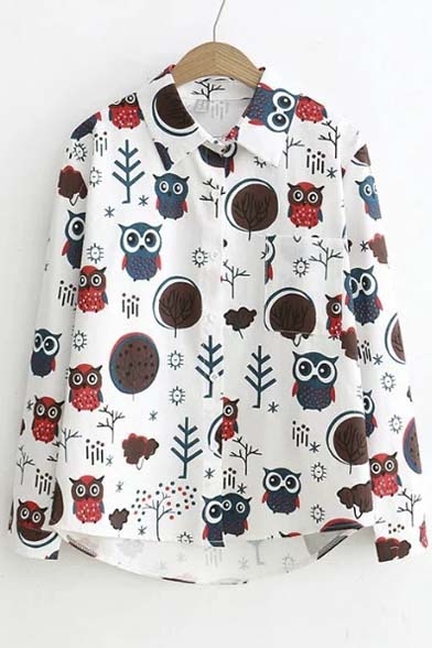 Preppy Style Owl Print Lapel High and Low Trim Single Breasted Button Down Shirt with Long Sleeve