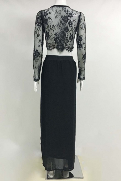 Sexy Sheer Lace Long Sleeve Top with Split Side Maxi Skirt