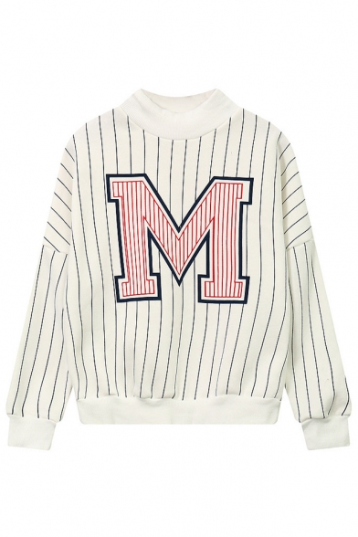 Stylish Letter M Front Striped Long Sleeve Fleece Sweatshirt