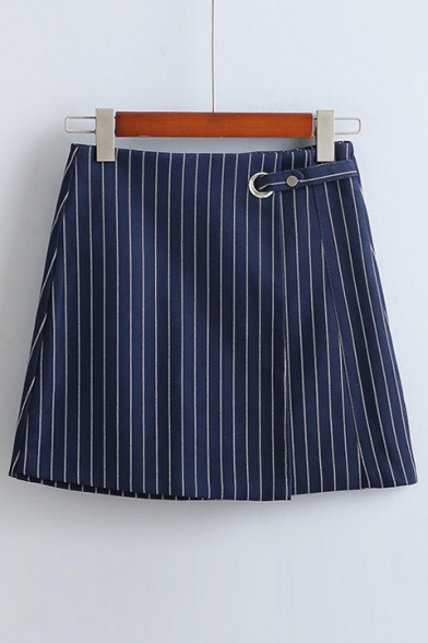 Vertical Striped High Waist Asymmetric Panel Mini A-Line Skirt