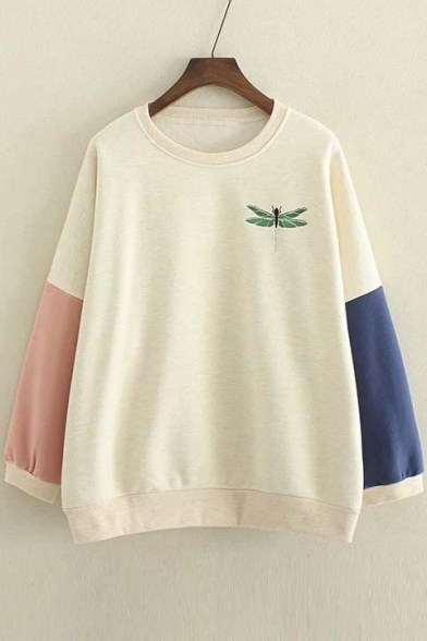 Contrast Panel Long Sleeve Embroidery Dragonfly Pattern Pullover Sweatshirt